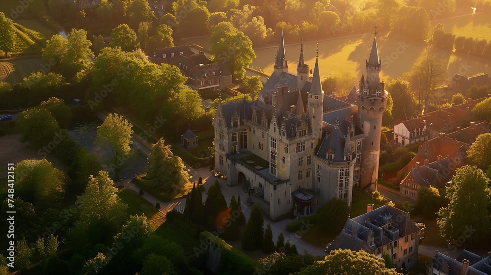 Aerial view of Ooidonk castle during sunset situated near Gent Belgium : Generative AI - obrazy, fototapety, plakaty 