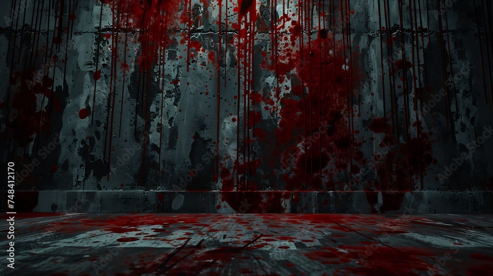 Black blood red horror background Interior room Concrete old wall floor Grunge Product display 3d rendering Empty space For mockup showcase design Stage Dark Spooky creepy Brokencracke : Generative AI