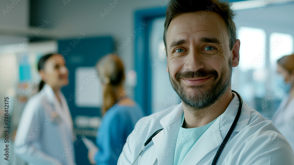 Happy Doctor with Stethoscope in Hospital, Staff in Background with Staff Happy Doctor with Stethoscope in Hospital, Staff in Background with Staff