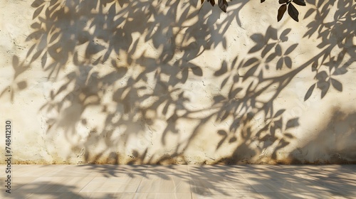 The shadow of leaves plants on the wall and sidewalk Tree silhouettes Street outdoor nature Beige light brown Background for design 3d rendering Space for product objectShowdisplaypodi : Generative AI