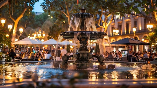 View of Placa Reial with fountain and restaurants in evening Barcelona Catalonia : Generative AI