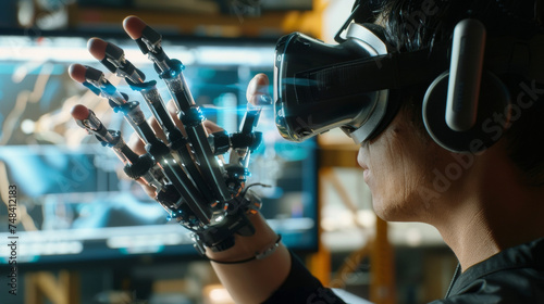 A person using an AR headset to visualize and practice manipulating objects with their prosthetic hand improving coordination and dexterity.