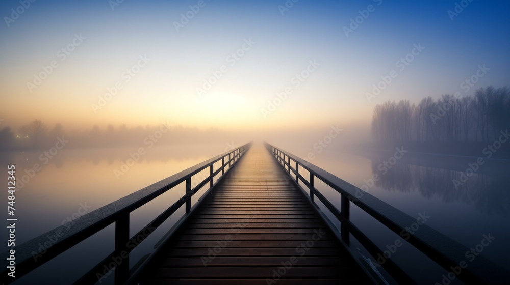 Serene Sunrise Mist Over Wooden Bridge on Calm Lake With Trees