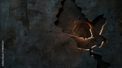 Hole with torn edges in iron Ragged hole in metal Large round hole the wall Through hole Damage to the iron wall : Generative AI photo