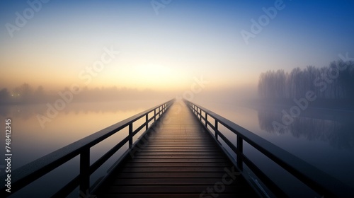 Serene Sunrise Mist Over Wooden Bridge on Calm Lake With Trees