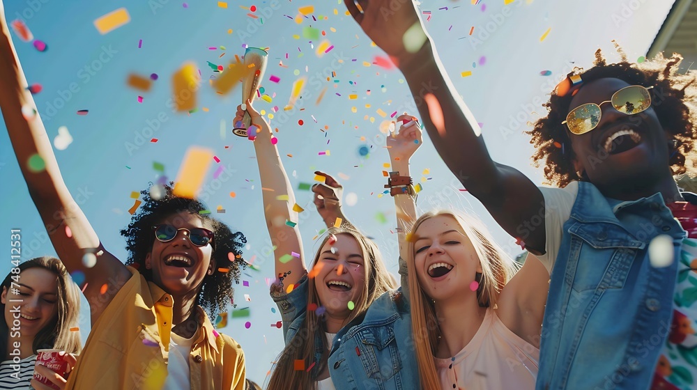 Obraz premium Group of friends enjoying party throwing confetti in the air Multicultural young students having fun celebrating and laughing out loud outdoor Youth friendship and summertime concept : Generative AI