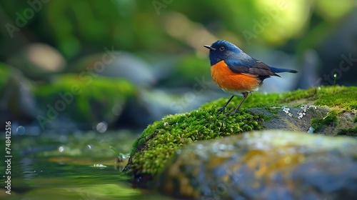 Beautiful male of Plumbeous Redstart the ball blue bird standing on the mossy rock in the stream : Generative AI