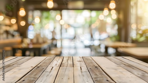 Empty wooden table top with blur coffee shop or restaurant interior background Panoramic banner Abstract background can be used for display or montage your products : Generative AI