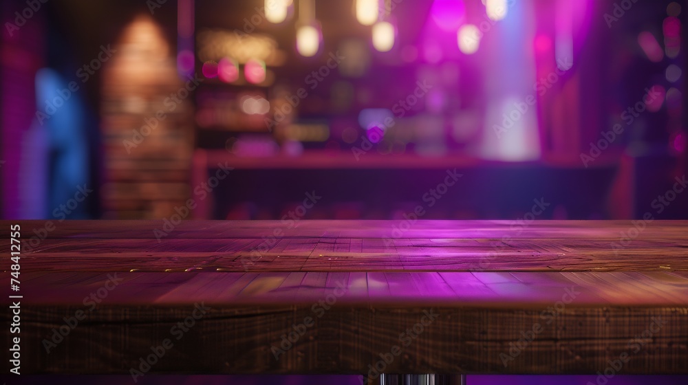 wood table top counter with night cafe club background in use for display product on shelf with party time : Generative AI - obrazy, fototapety, plakaty 