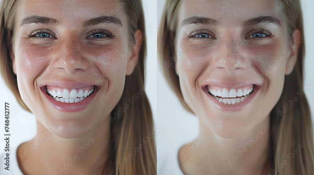 Collage with photos of woman with diastema between upper front teeth before and after treatment on white background closeup Banner design : Generative AI Collage with photos of woman with diastema between upper front teeth before and after treatment on white background closeup Banner design : Generative AI