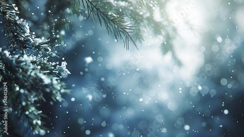 Christmas winter snow background with fir branches macro with soft focus and snowfall in blue tones with beautiful bokeh in sunny day copy space : Generative AI