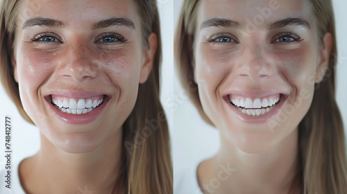 Collage with photos of woman with diastema between upper front teeth before and after treatment on white background closeup Banner design : Generative AI photo