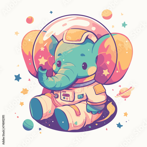 Elephant in space wearing a helmet illustration minimal 2D vector for design