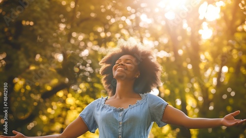 Free happy woman with open arms enjoying nature Joyful black girl outdoors breathing fresh air Enjoyment freedom happiness and mental health concept : Generative AI