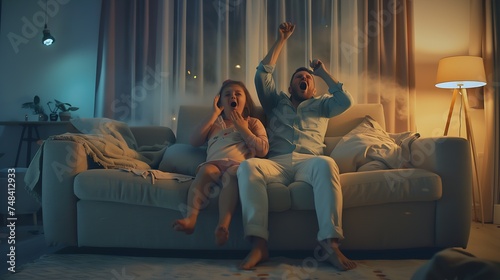 Tired mother and father sitting on couch feels annoyed exhausted while noisy little daughter and son shouting run around sofa where parents resting Too active hyperactive kids need rep : Generative AI