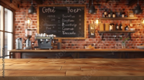 3d render of cafe bar restaurant nobody indoor Empty coffee shop interior daytime with wooden design counter red brick wall in background menu writing on blackboard with beautiful lett : Generative AI photo
