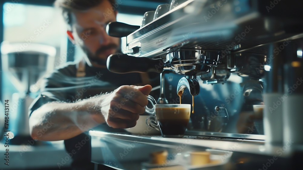 Barista Making Coffee Coffee machine at background : Generative AI