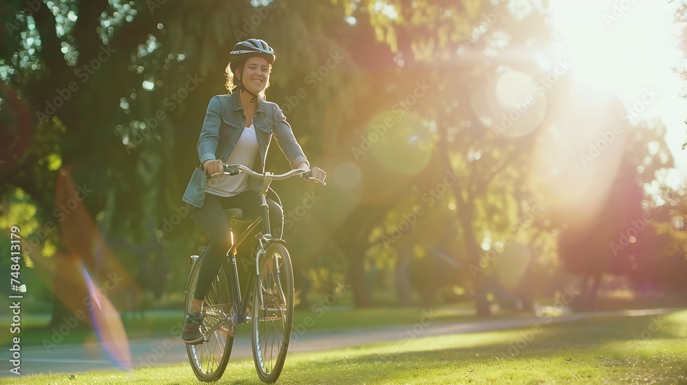 Fototapeta premium Healthy and happy cyclist woman riding fast a bicycle in a park : Generative AI