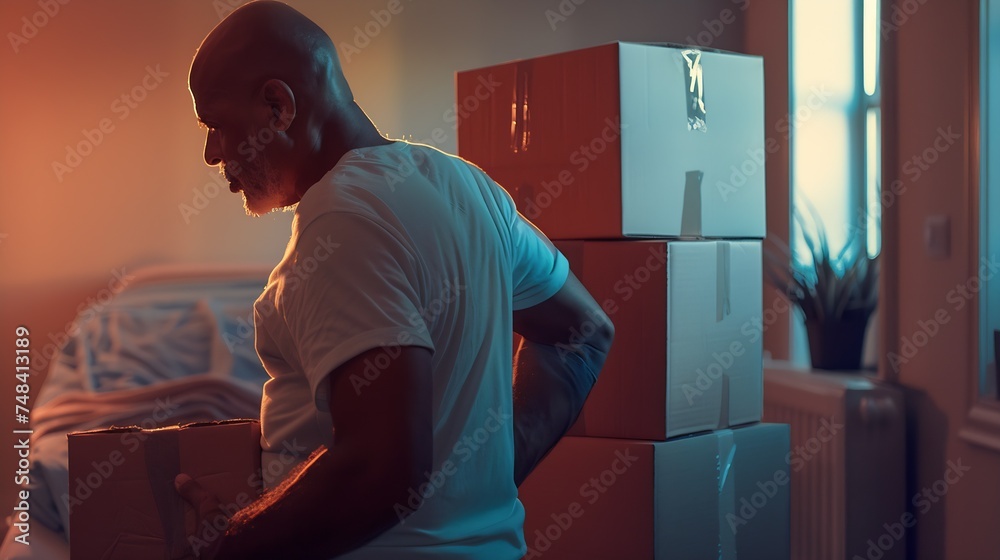 Man suffering back ache moving boxes in his new house : Generative AI Man suffering back ache moving boxes in his new house : Generative AI