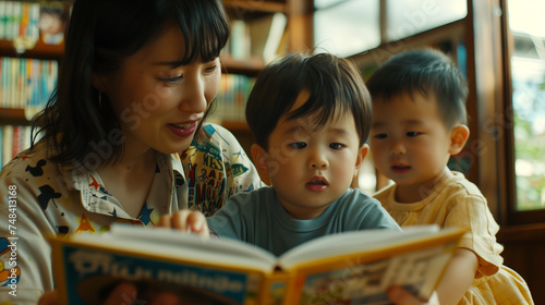 母と息子の親子が日本の図書館で絵本を読んでいるところ photo