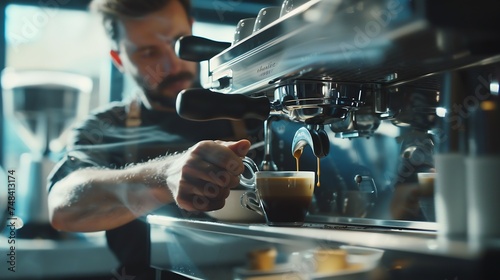 Barista Making Coffee Coffee machine at background   Generative AI
