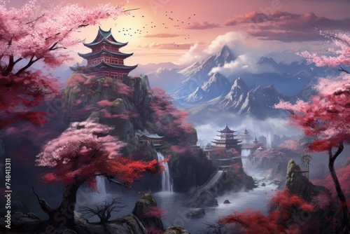 Picturesque Oriental landscape sakura. Asia house. Generate Ai