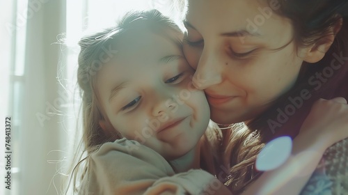 Cute little girl hug cuddle excited young mum show love and affection smiling mother and funny small preschooler daughter have fun at home embrace sharing close tender moment together : Generative AI