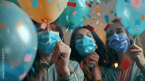 Happy group of friends with face mask celebrating new 2021 year Confetti falling in the air Young people with balloons in hands making new year party at home Focus on balloons : Generative AI