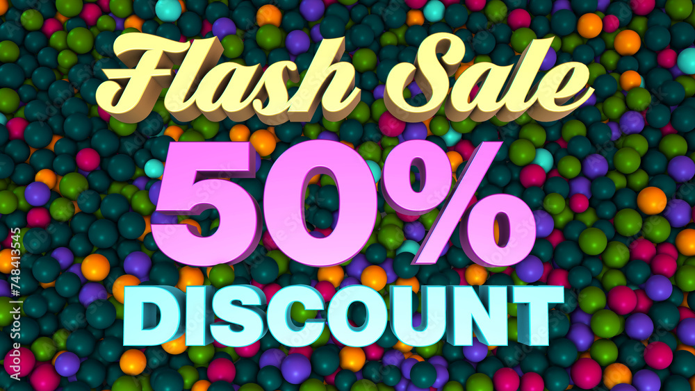High Angle View Flash Sale 50 Percent Discount 3d Lettering On Turquoise Green Colorful Ball Pit Balls Background 3d Rendering High Angle View Flash Sale 50 Percent Discount 3d Lettering On Turquoise Green Colorful Ball Pit Balls Background 3d Rendering