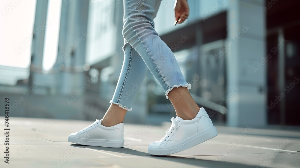 Woman in stylish sneakers walking on city street closeup Space for text : Generative AI