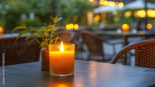 citronella candle with flame outdoor on cafe table setting at dusk for protection against mosquitoes during summer nights : Generative AI