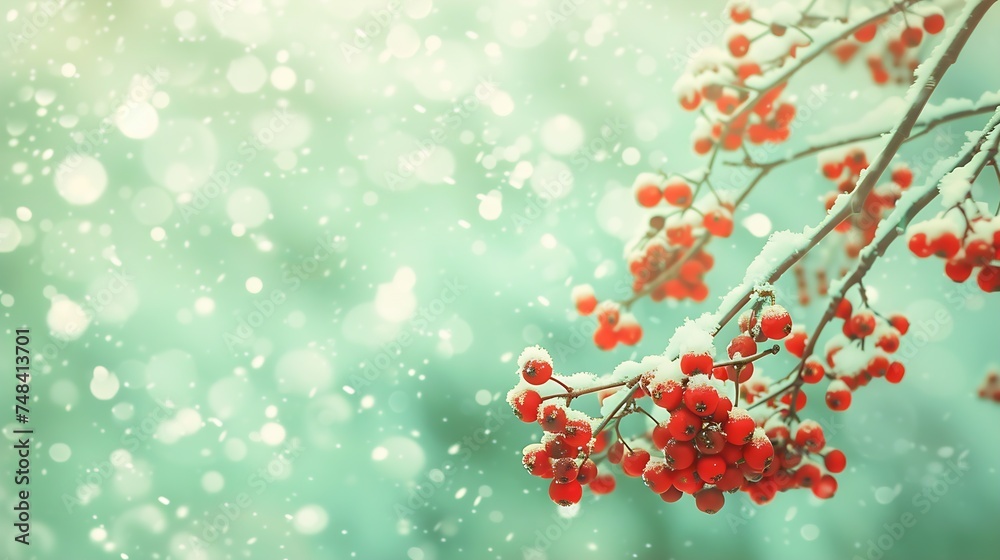 Branch with bunches of rowan berries under snow closeup in the winter snowfall in the city The first snow fell a beautiful red and white pattern Rowan tree in the snow on a green backg : Generative AI