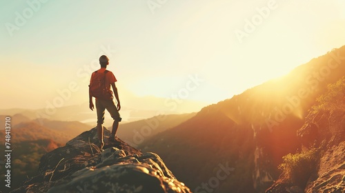Man is enjoying the scenery on the mountain top Pov view : Generative AI photo