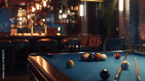 Table for pool game with shiny balls and cues against bar counter in modern restaurant : Generative AI
