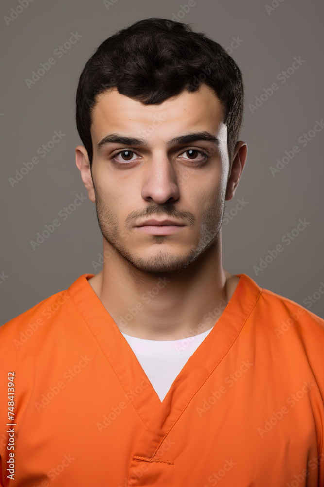 Prison mugshot of young Arab man in orange jumpsuit Prison mugshot of young Arab man in orange jumpsuit