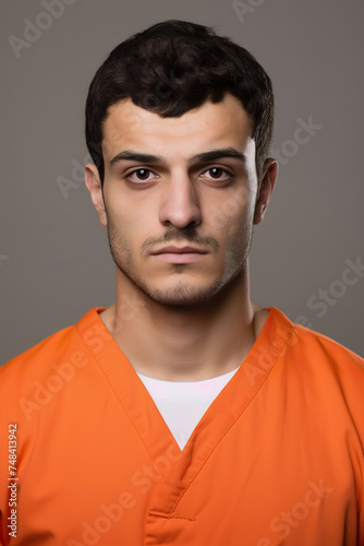 Prison mugshot of young Arab man in orange jumpsuit © lermont51