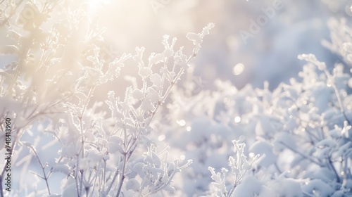 White Winter Branches under the sparkling fluffy snow Hoarfrost on the branches and plants Snowdrift : Generative AI