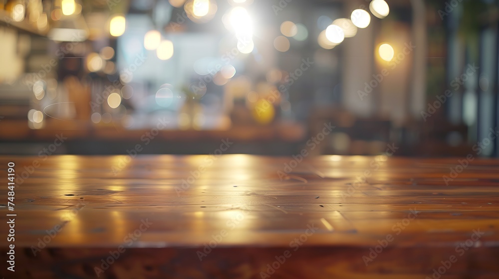 Wood table top with abstract blurred cafe restaurant with bokeh lights defocused background : Generative AI
