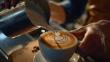 Professional barista pouring milk into the cup of coffee making a pattern : Generative AI