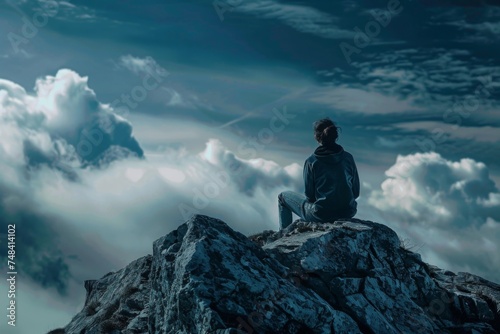 A lone man sits meditating on a mountain peak, surrounded by clouds, with a dramatic, moody sky above.