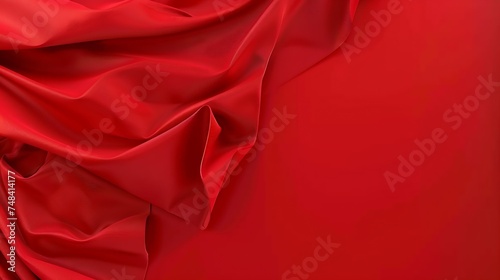 Red silk satin Soft folds Fabric Bright luxury background Space design Wavy lines Banner Flat lay top view table Template Beautiful Elegant Christmas New Year Valentine Mothers Day : Generative AI