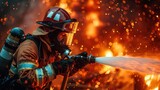 Firemen using fire hose to extinguish a fire Inside burning building. Generative AI.