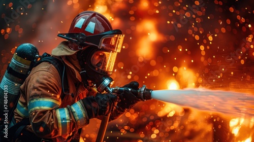 Firemen using fire hose to extinguish a fire Inside burning building. Generative AI.