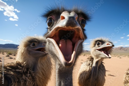 Quirky Ostrich selfie funny. Farm wild hair. Generate Ai © juliars