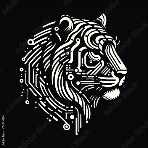 tiger, cat, wildcat, animal in techno cyberpunk and steampunk tattoo, wire, machine gear logo, 