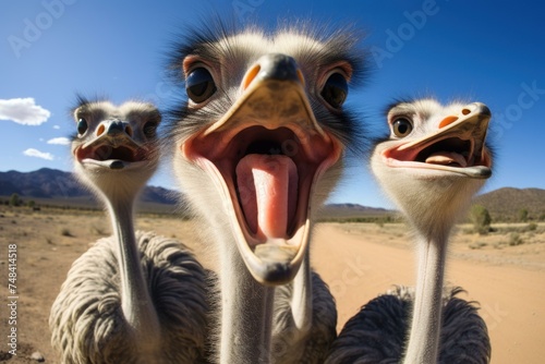 Amusing Ostrich selfie funny head. Nature eye bird. Generate Ai