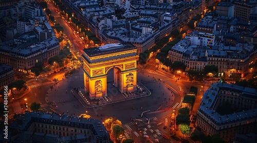 Panoramic aerial view of Arch of Triumph Paris Champs Elyses France : Generative AI photo