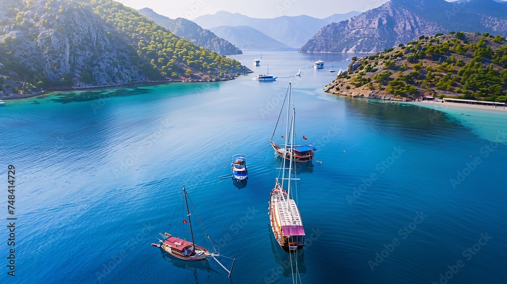 Aerial view of anchored sailboats on blue cruise in Oludeniz Turkey : Generative AI