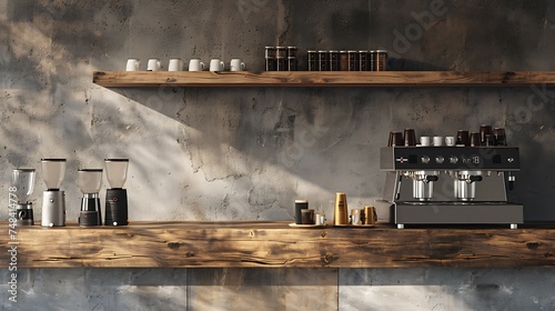 Seat and wooden counter with coffee equipment and wooden shelf on rough cement wall design for cafe or home : Generative AI