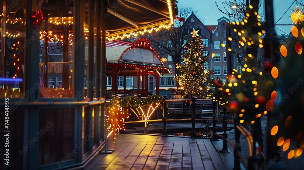 illuminated terrace around christmas time in amsterdam netherlands : Generative AI